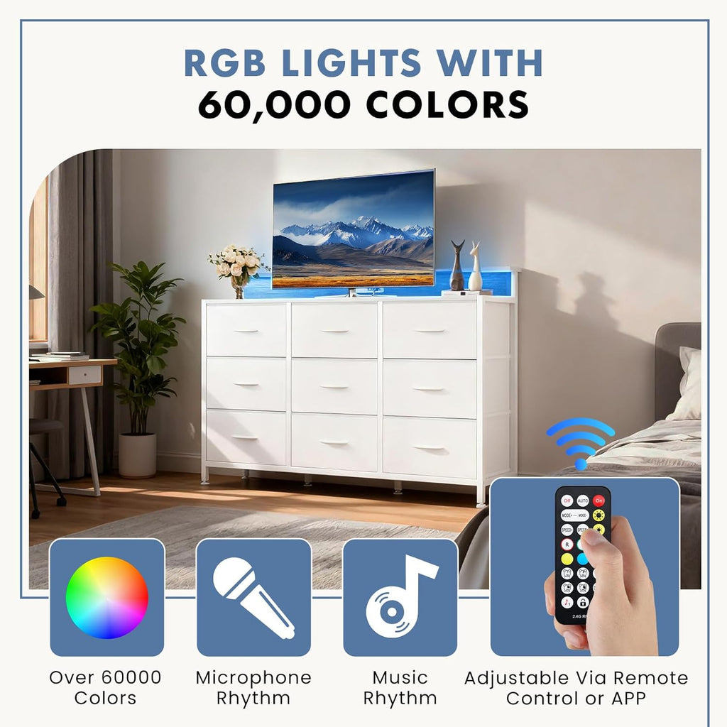 TV Stand Dresser with 9 Fabric Drawers and Open Shelves, Entertainment Center with LED Lights, Charging Station for Bedroom, Wood Top Media Console for 45-55 inch TV Stand with Storage, White