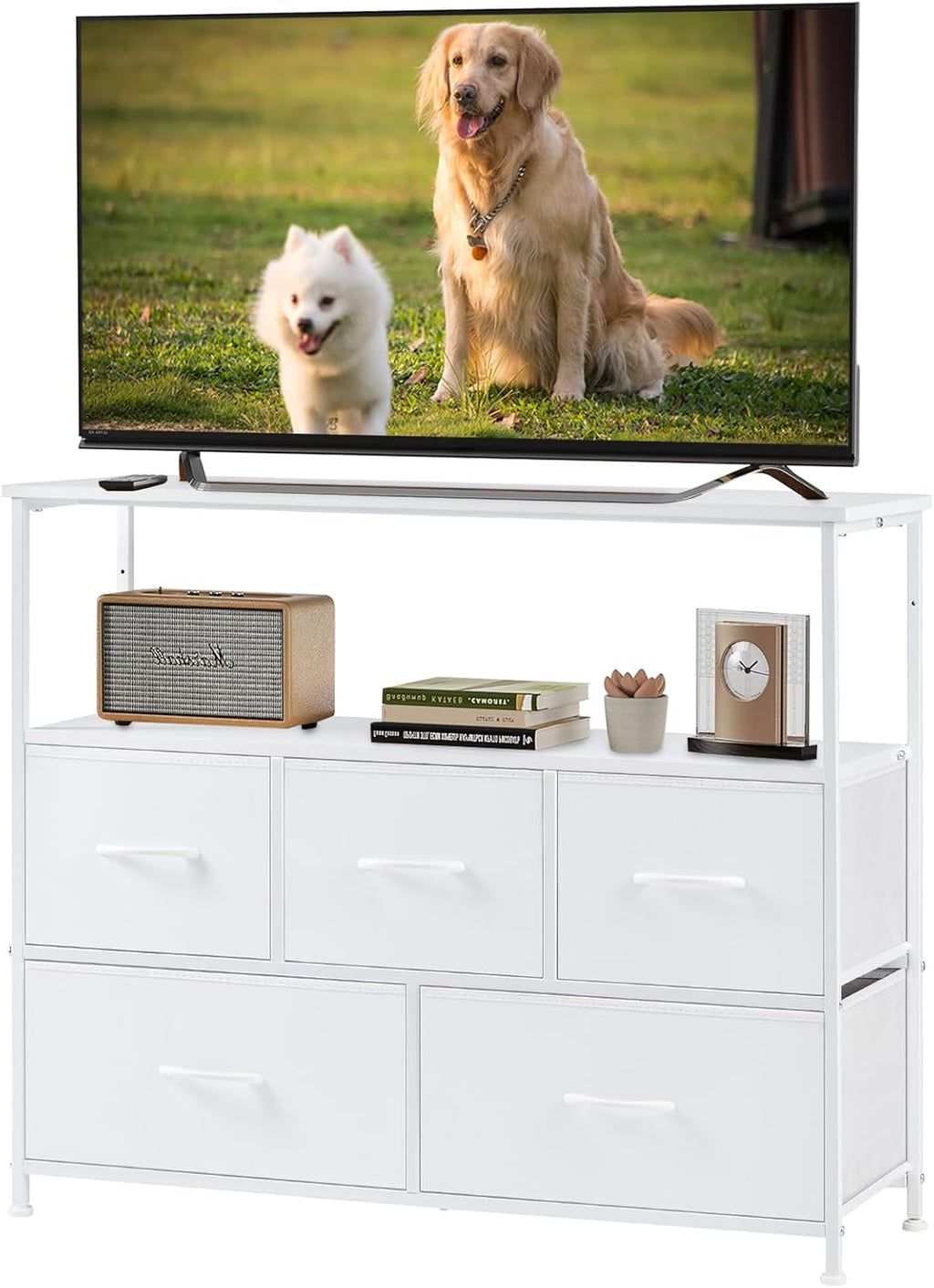 TV Stand, Dresser with 5 Fabric Storage Drawers, Media Console Featuring Open Shelf for TV, Compact Entertainment Unit for Bedroom, Living Space, or Dorm Organization, Grey