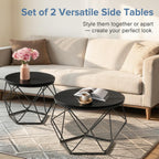 Modern Geometric Coffee Table Set of 2, Round Nesting Side Tables with Hidden Storage, Movable End Tables for Living Room Decor & Practical Use