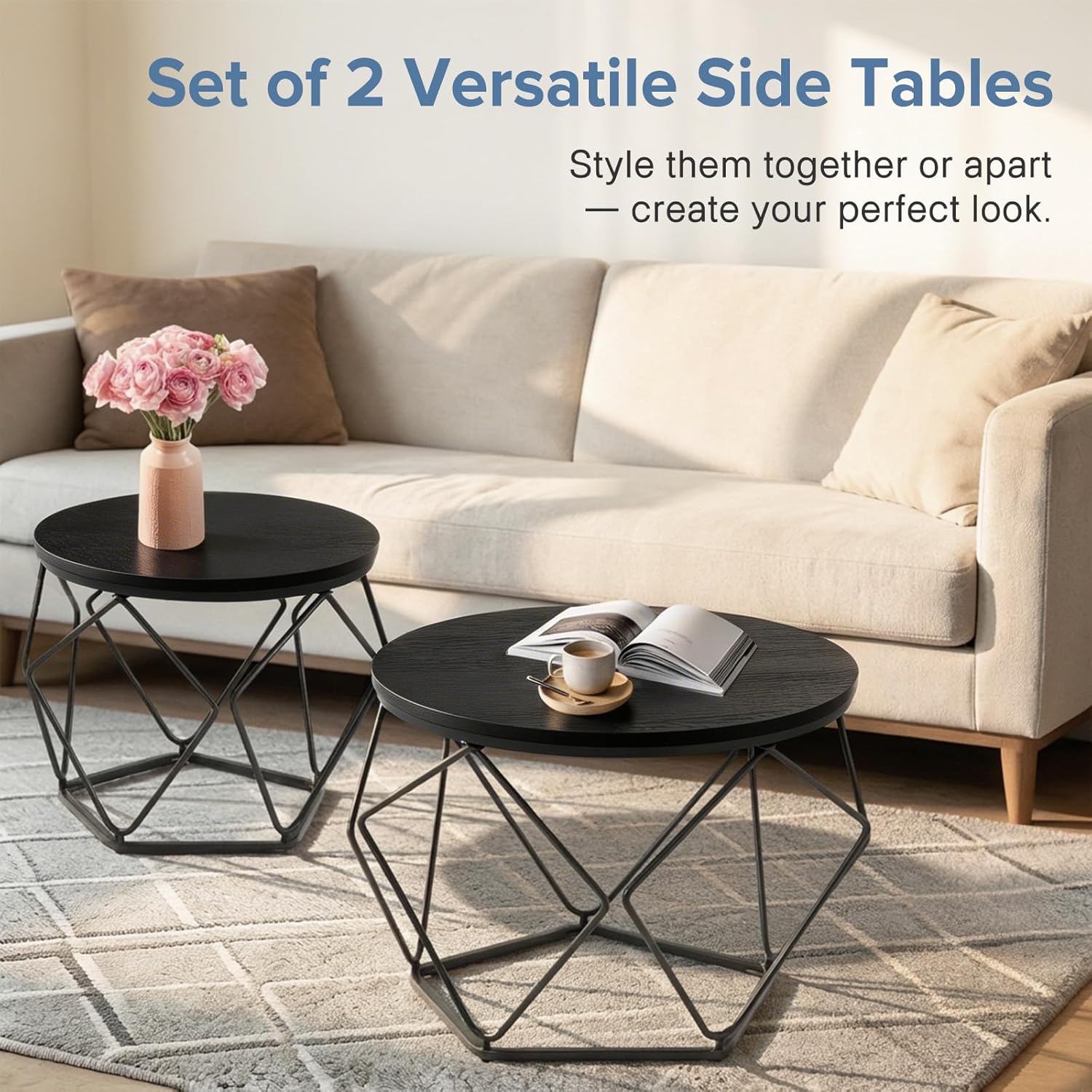 Modern Geometric Coffee Table Set of 2, Round Nesting Side Tables with Hidden Storage, Movable End Tables for Living Room Decor & Practical Use