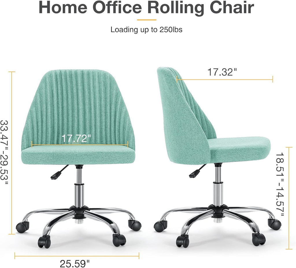 Armless Vanity Chair, Cute Comfy Home Office Desk Chair with Wheels, Modern Upholstered Task Computer Seat for Bedroom, Study, Makeup Vanity, Height Adjustable & Swivel, Mint