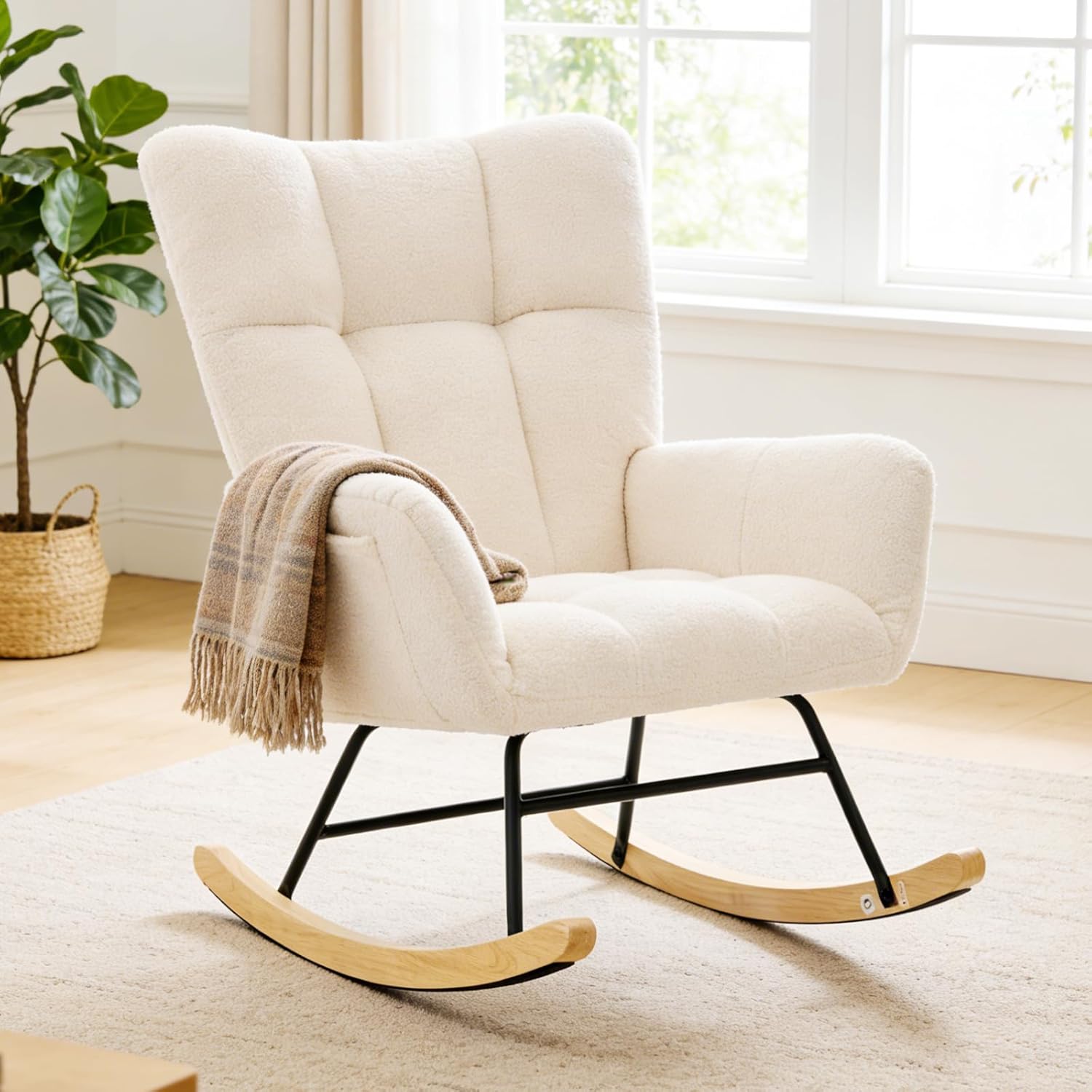 Nursery Rocking Chair Teddy Upholstered, Comfy Glider Rocker with High Backrest Armchair Padded Seat, Accent Side Chair for Living Room Bedroom Offices Small Spaces Indoor, Pink