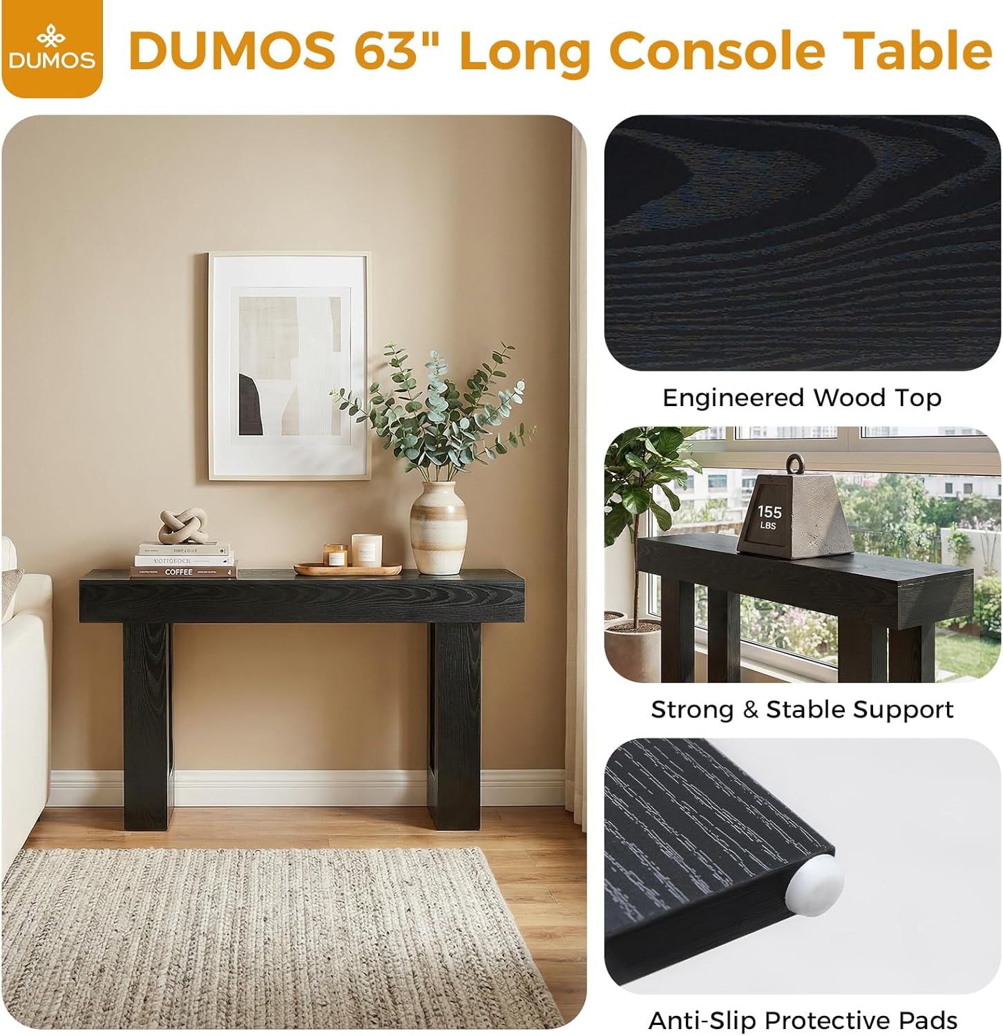 63-Inch Narrow Console Table, Sturdy Wooden Entryway Table with 5.9 Thick Top, Heavy Duty 155lbs Capacity, Space-Saving Sofa Table for Living Room, Hallway, Entrance, Foyer, Black