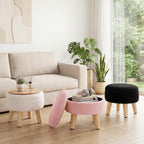 Round Storage Ottoman with Reversible Tray Lid, Multi-Functional Footrest, Teddy Velvet Footstool with Wood Legs, Small Coffee Table for Living Room, Bedroom, Beige