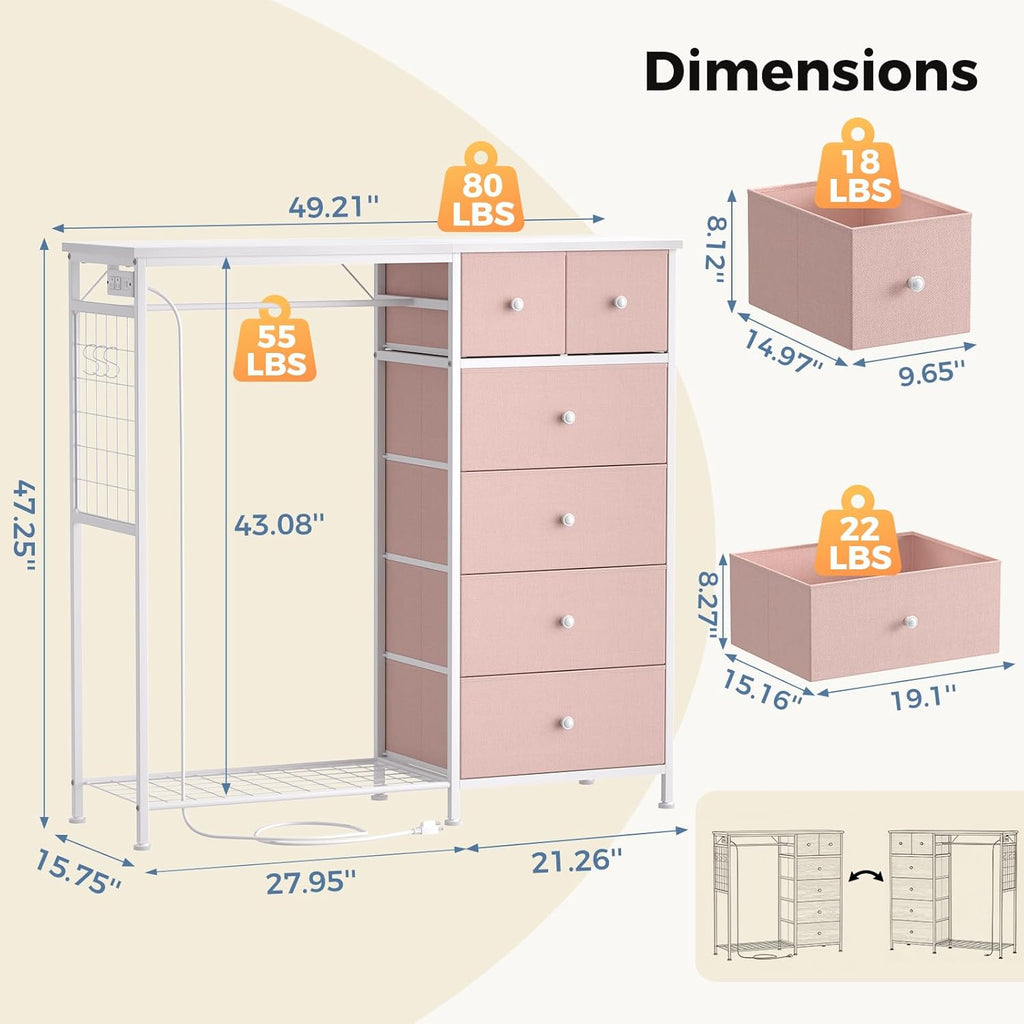 Dresser for Bedroom with Hanging Rack, 6 Drawer Fabric Dresser with Charging Station and LED Lights, Closet Organizer & Storage Tower for Living Room, Entryway, Apartment, Pink