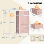 Dresser for Bedroom with Hanging Rack, 6 Drawer Fabric Dresser with Charging Station and LED Lights, Closet Organizer & Storage Tower for Living Room, Entryway, Apartment, Pink