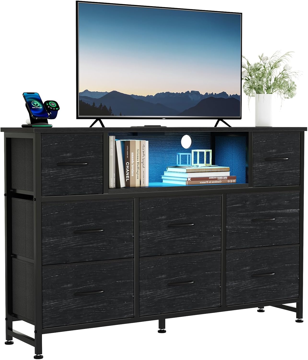 TV Stand Dresser with 8 Fabric Drawers and Open Shelves, LED Entertainment Center with Charging Station, Wood Top Media Console for 45-55 inch, Bedroom, Grey