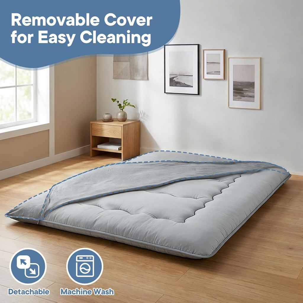 Japanese Floor Mattress Twin Size, Futon Mattress Foldable with Removable Washable Cover, Portable Roll Up Tatami Mat for Kids Room, Dorm, Sleepovers and Solo Sleeper, Gray
