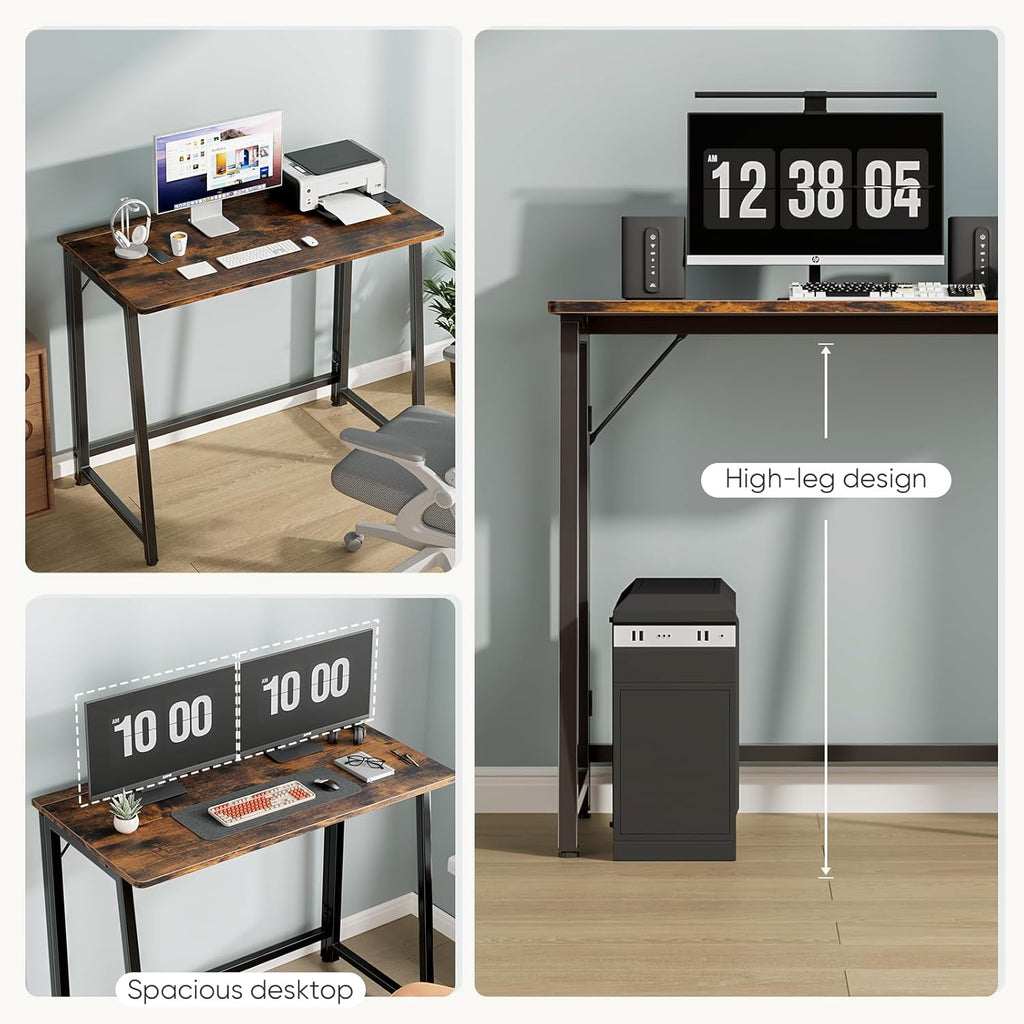 31.5 Inch Folding Desk, Foldable Computer Table for Small Spaces, Metal Frame Gaming Writing Work Station, Mini Home Office Surface, Rustic Brown