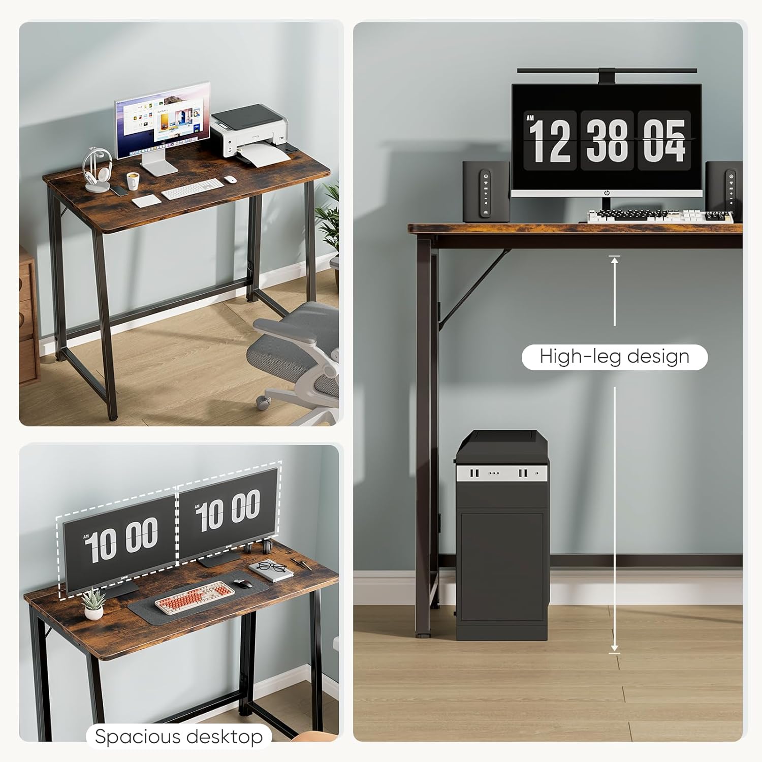 31.5 Inch Folding Desk, Foldable Computer Table for Small Spaces, Metal Frame Gaming Writing Work Station, Mini Home Office Surface, Rustic Brown
