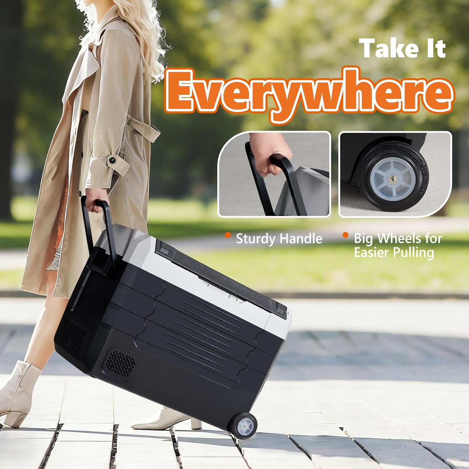 Portable Car Refrigerator, 53QT Dual-Zone Electric Cooler for Vehicles with Wheels & Cutting Board, -4?H-68?H Freezer Smart Control via Bluetooth, Battery Protection, 12/24V DC & 100-240V AC