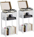 3 Tier Side Table, 2 Pack Record Player Stand with Storage Up to 100 Albums,Turntable Stand for Vinyl, White Records Shelf for Living Room Bedroom