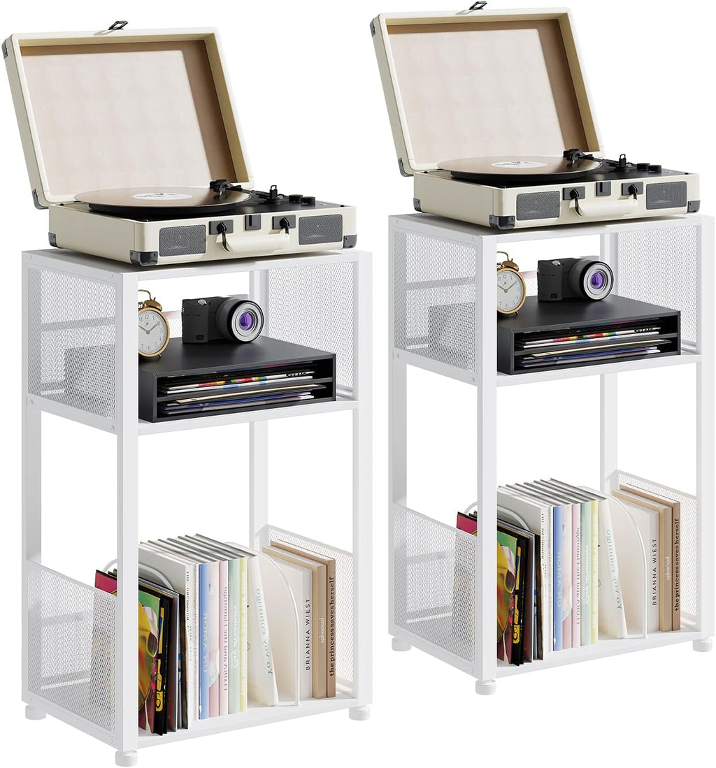 3 Tier Side Table, 2 Pack Record Player Stand with Storage Up to 100 Albums,Turntable Stand for Vinyl, Black Records Shelf for Living Room Bedroom