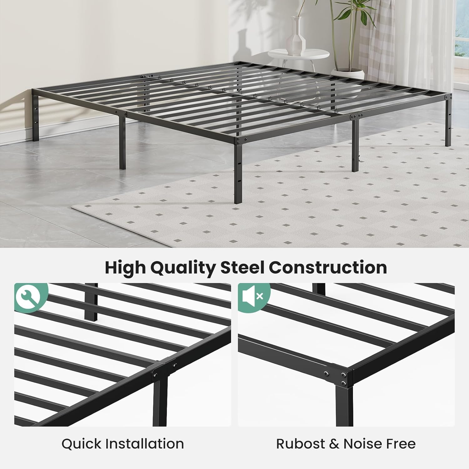 Queen Size 12 Inch Platform Bed Frame, Heavy Duty Metal Foundation Frame, Noise-Free Sturdy Steel Slats, Underbed Storage, No Box Spring Needed, Quick Setup