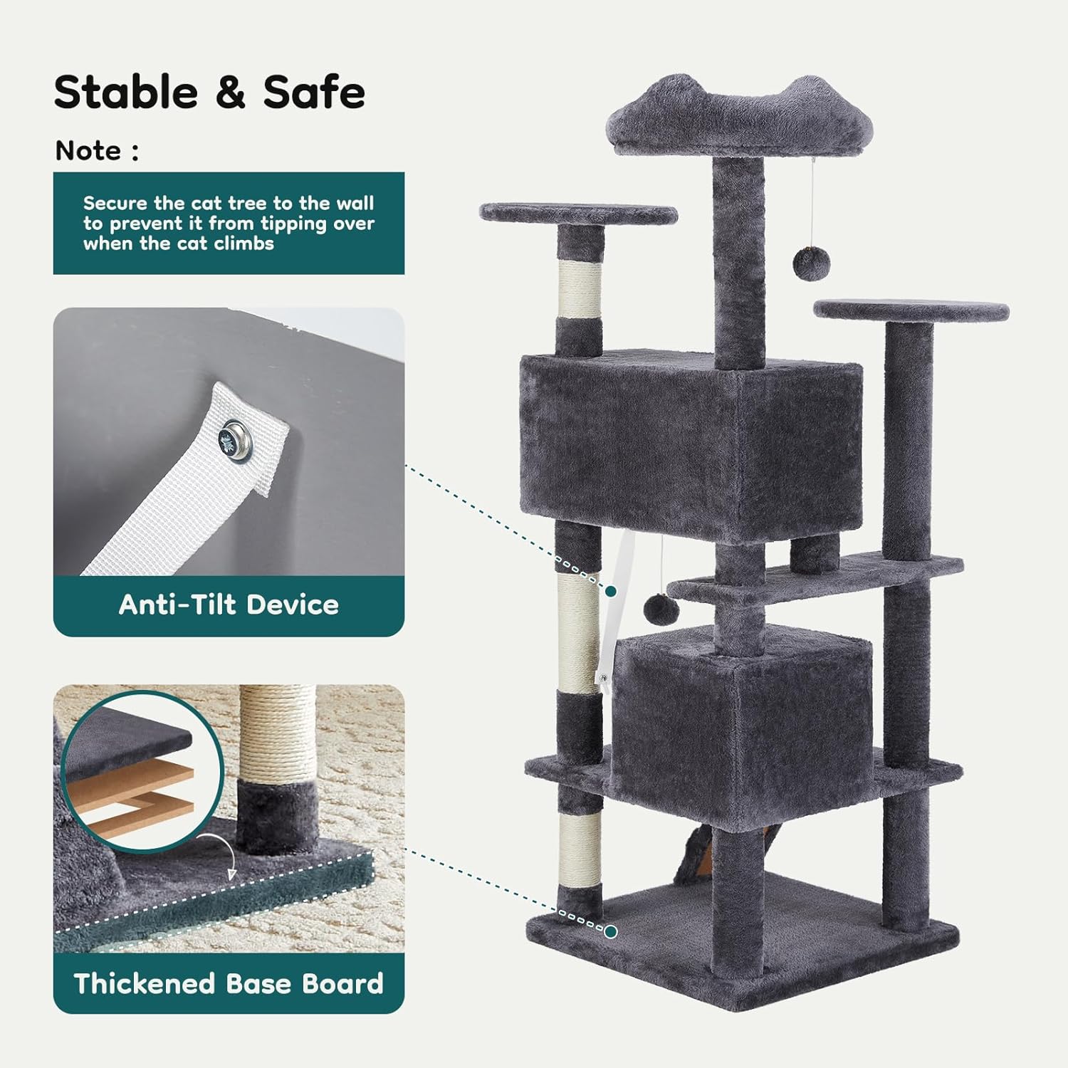 54-inch Indoor Cat Tree Tower ?CMulti-Level Pet House for Large Cats with 2 Condos, Scratching Posts, Round Platform, Small Ladder, and Toys ?C Perfect for Cats of All Ages, Dark Grey