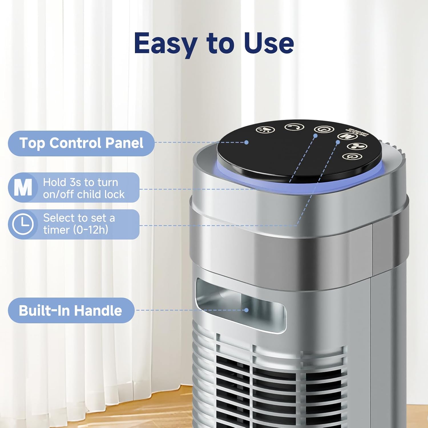 Tower Fan for Bedroom, 28dB Quiet Floor Standing Fan with Remote, 12H Timer, 5 Speeds, 4 Modes, LED Display, Portable Bladeless Oscillating Cooling Fan for Indoor, Home, Office - Silver