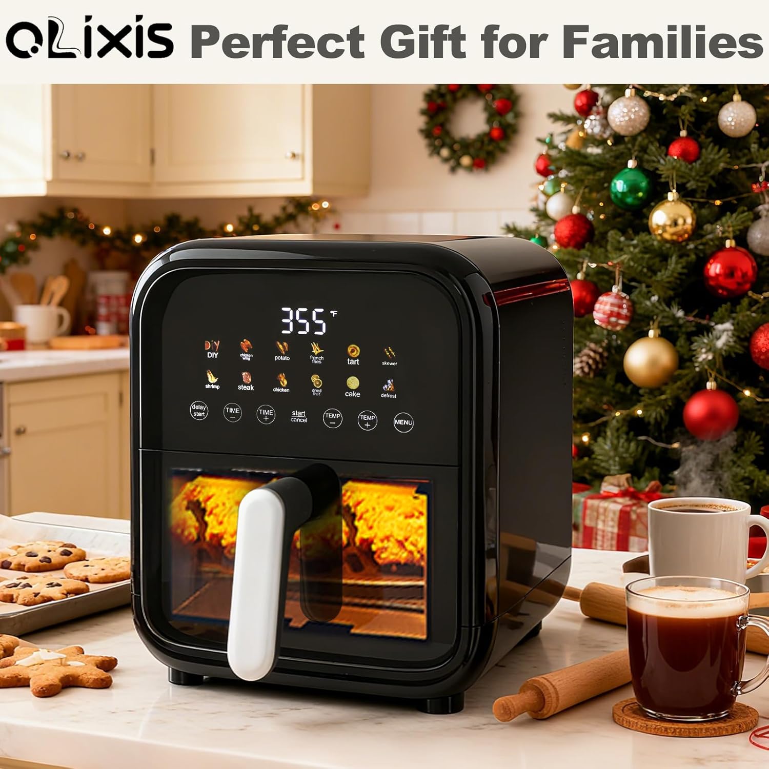 7.9QT Air Fryer with Window, 12-In-1 Large Air Fryer for Family, 400??F Rapid Air Crispy Technology, Roast Bake Dehydrate Reheat, Nonstick & Easy-Clean Basket, 1800W, Black