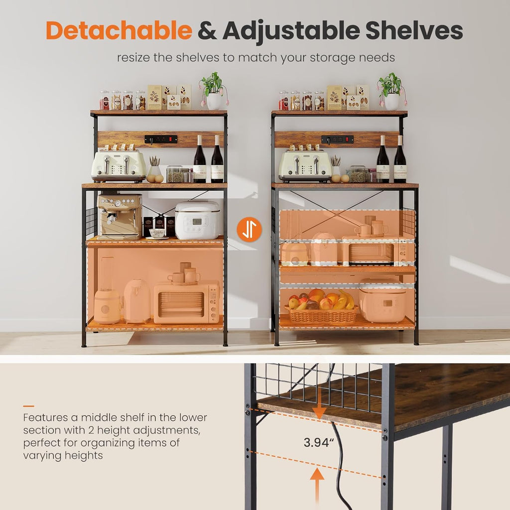 Kitchen Bakers Rack with Power Outlet, Coffee Bar Table 4 Tiers, Microwave Oven Stand Station, Adjustable Storage Shelf Freestanding Appliance Organizer - 23.6 Inch, Rustic Brown