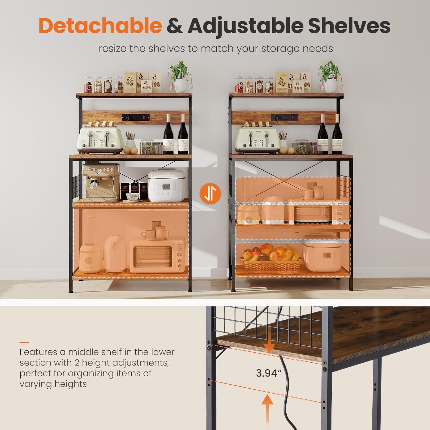 Kitchen Bakers Rack with Power Outlet, Coffee Bar Table 4 Tiers, Microwave Oven Stand Station, Adjustable Storage Shelf Freestanding Appliance Organizer - 23.6 Inch, Rustic Brown