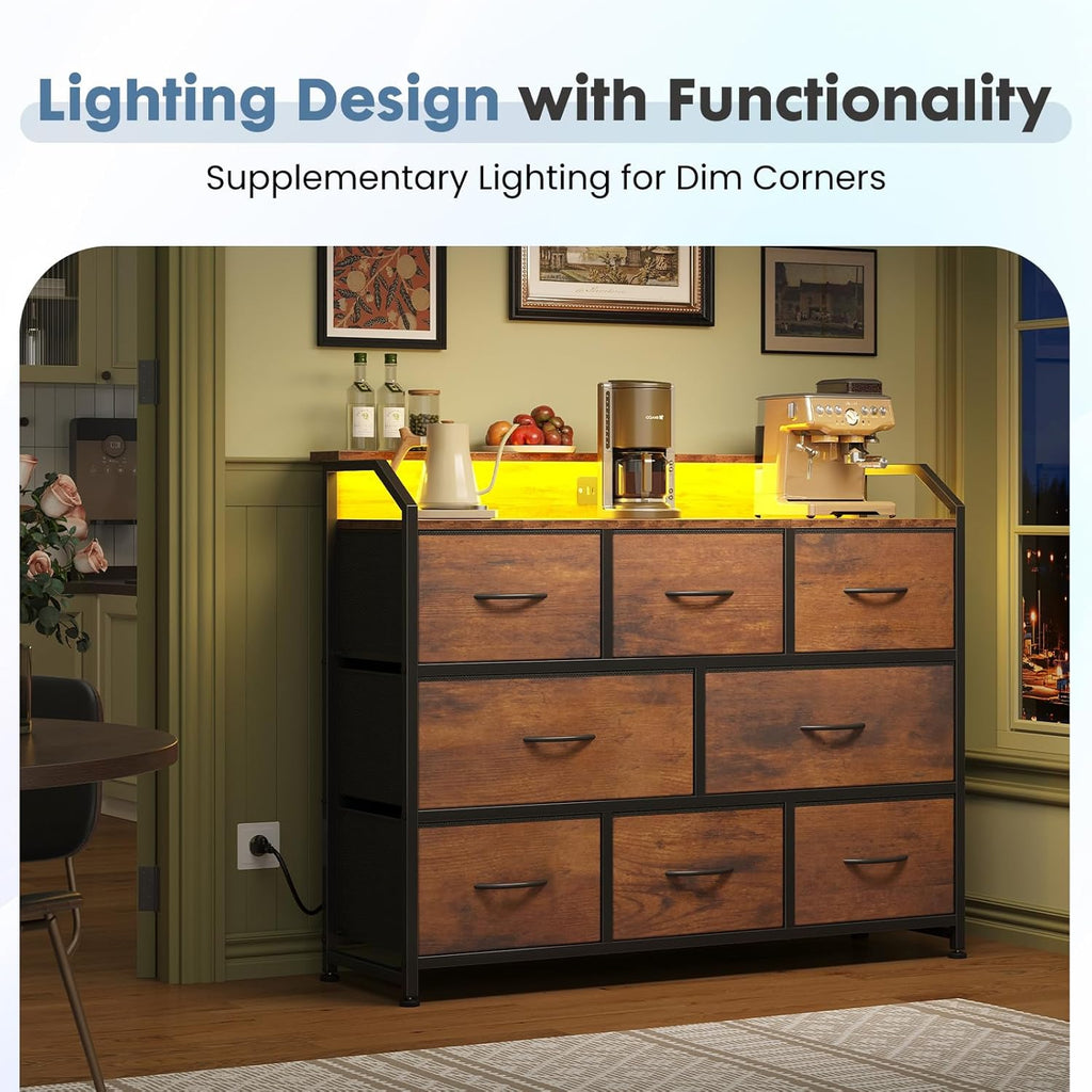 TV Stand Dresser with 8 Fabric Drawers, 8-Drawer Chest of Drawers with APP Control LED Lights and Type-C Charging Station, Fabric Storage Tower TV Stand for Living Room, Brown