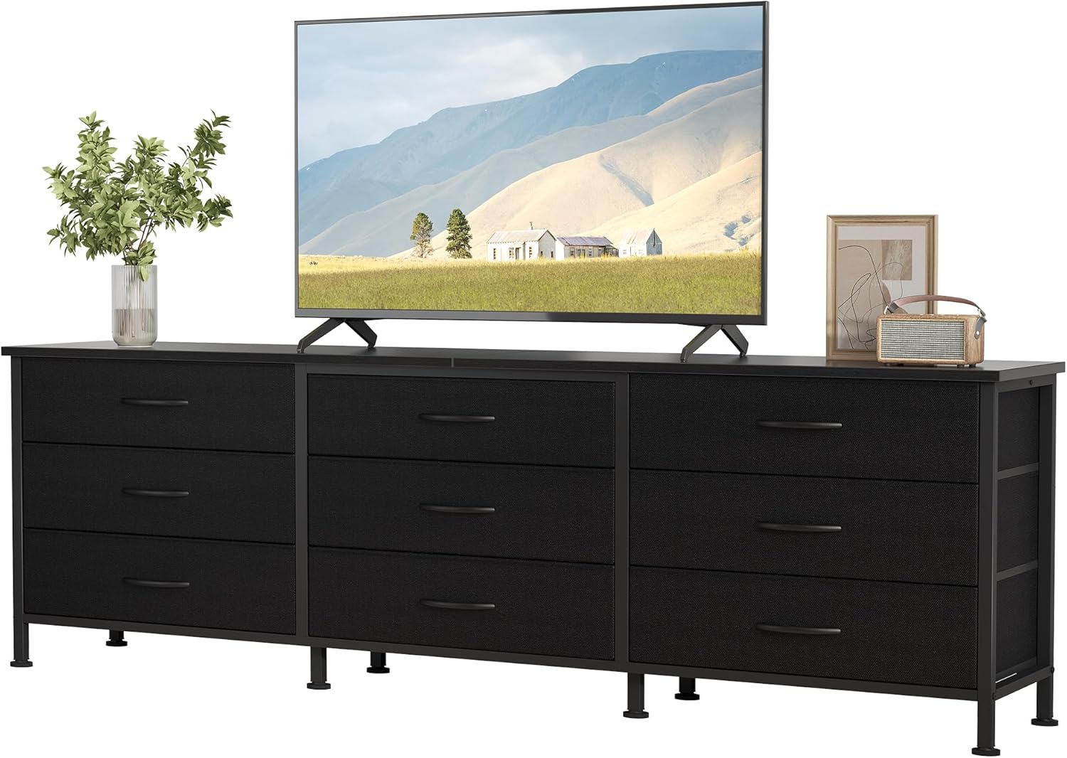 TV Stand 7 Drawer Dresser for Bedroom with Storage TV Stands for Living Room Grey, Farmhouse Entertainment Center Media Console Table with Metal Frame Adjustable Feet