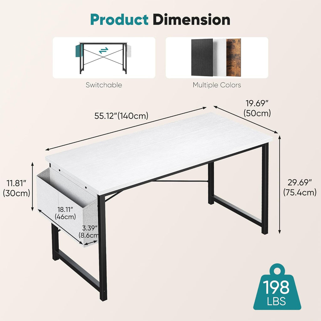 Computer Desk 55 Inch Home Office Desks for Small Spaces, Gaming Writing Study Work Table with Storage Bag and Headphone Hook for Bedroom, White