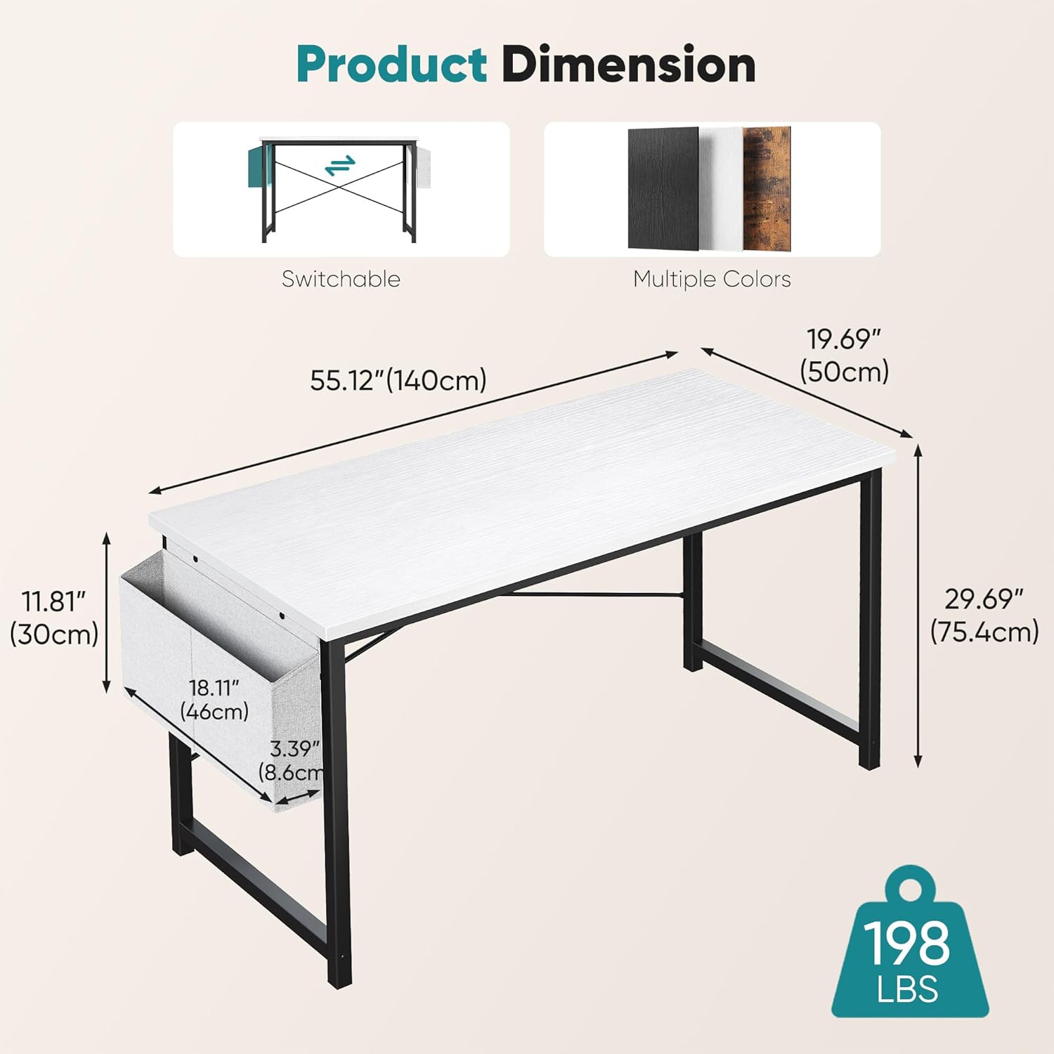 Computer Desk 55 Inch Home Office Desks for Small Spaces, Gaming Writing Study Work Table with Storage Bag and Headphone Hook for Bedroom, White