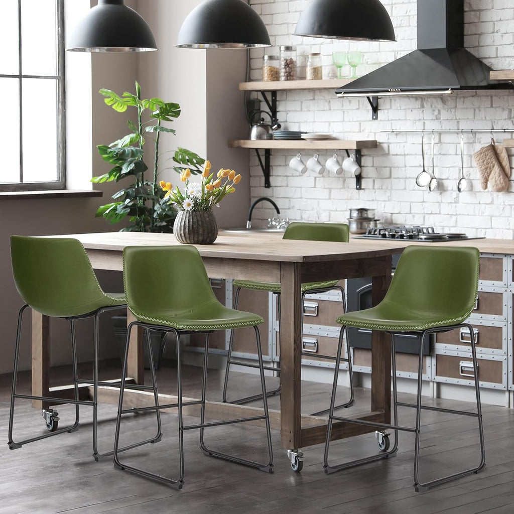 26 Inch Counter Height Bar Stools Set of 4, Modern Faux Leather High Barstools with Back and Metal Leg, Bar Chairs for Kitchen Island, Green