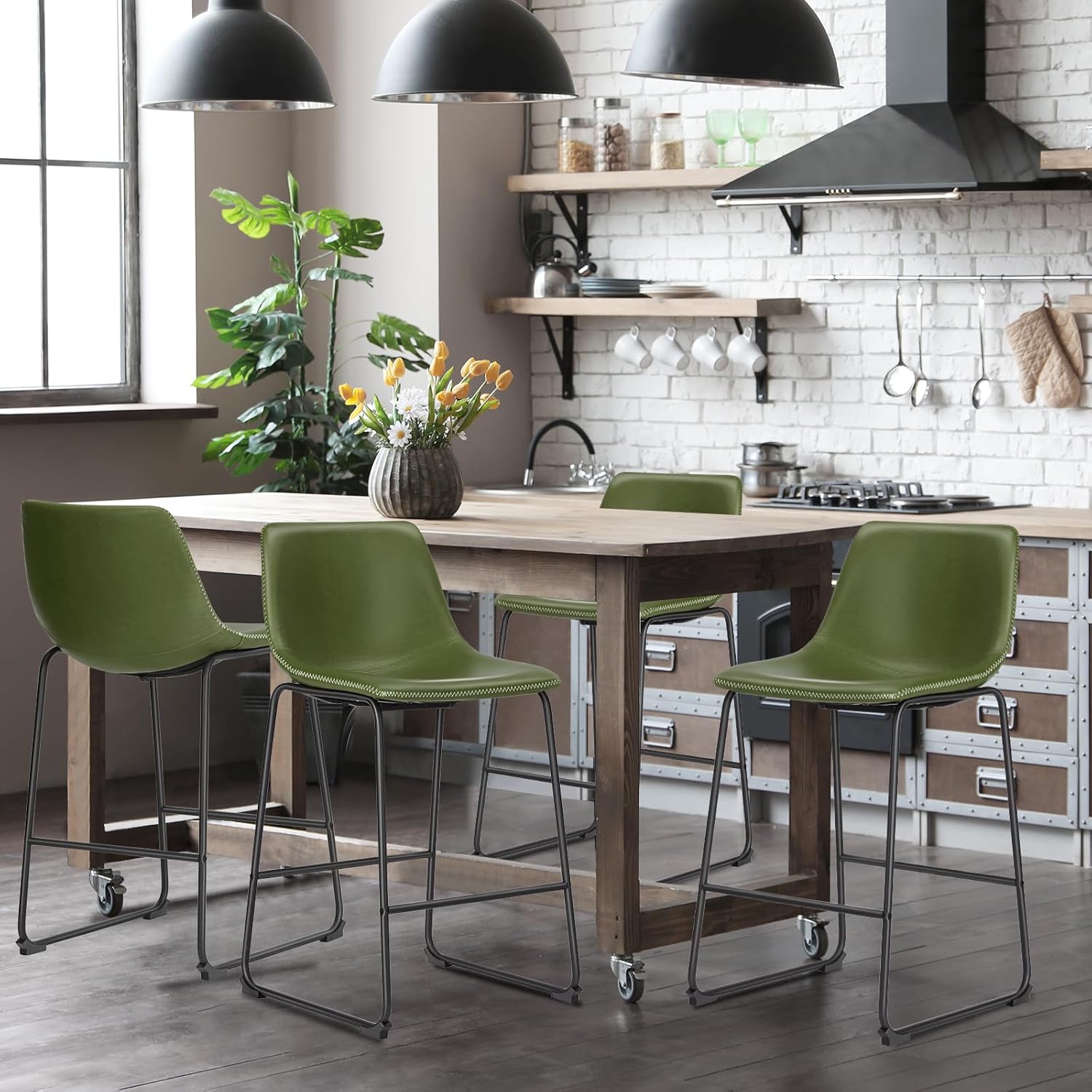26 Inch Counter Height Bar Stools Set of 4, Modern Faux Leather High Barstools with Back and Metal Leg, Bar Chairs for Kitchen Island, Green