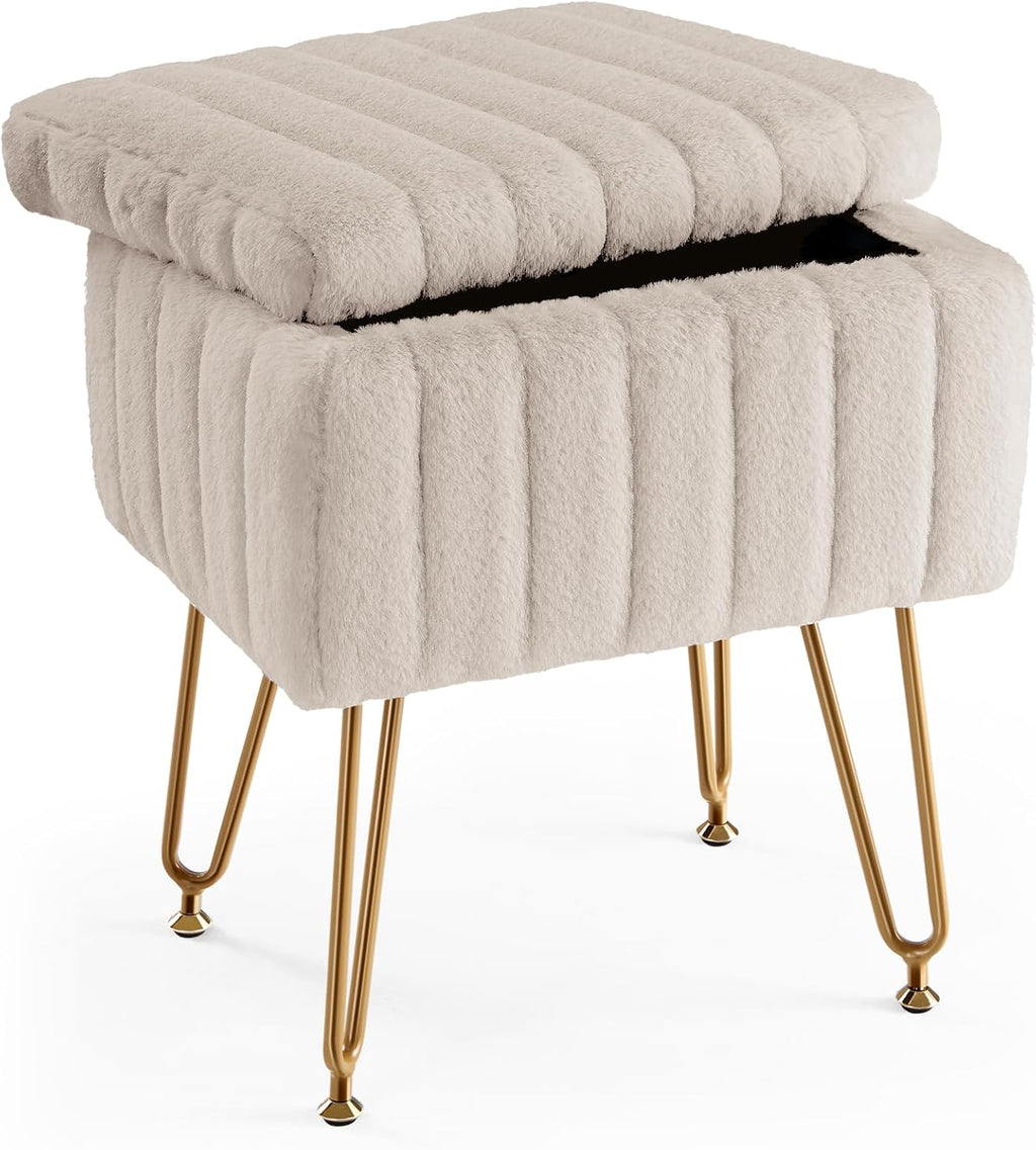 Vanity Stool Chair, Ottoman with Storage, Makeup Cute Soft Small Footstool, Modern Style Faux Fur Seat with 4 Metal Legs & Adjustable Feet for Dressing, Living Room, Bedroom, Dorm, Green