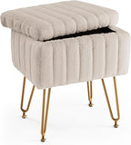 Vanity Stool Chair with Storage, Small Ottoman Faux Fur Soft Padded Footstools Seat with 4 Metal Legs Anti-Slip Adjustable Feet Modern Footrest for Home Entryway Bedroom Makeup Camel