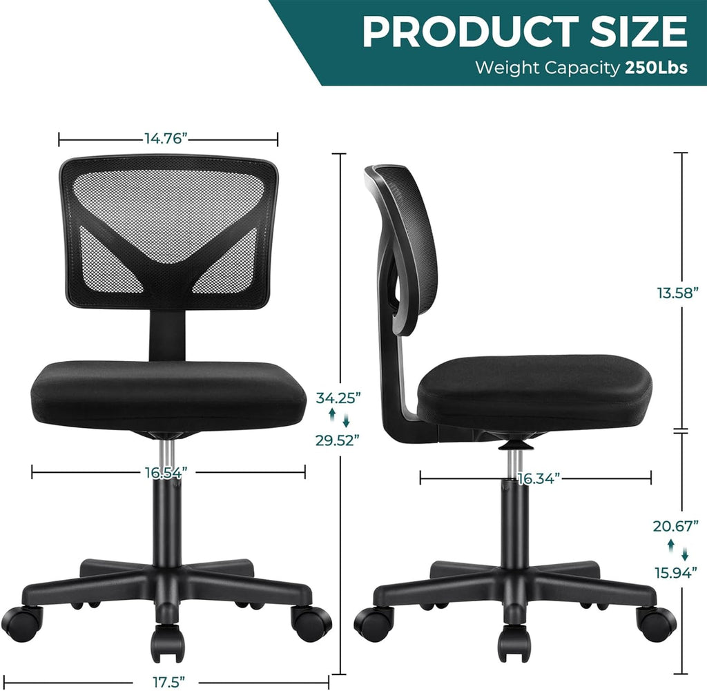 Armless Office Chairs with Wheels, Ergonomic Adjustable Home Desk Swivel Rolling Task Chair No Arms, Comfy Mesh Mid Back Computer Work Vanity Desk Chairs for Small Spaces, New Black
