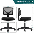Armless Office Chairs with Wheels, Ergonomic Adjustable Home Desk Swivel Rolling Task Chair No Arms, Comfy Mesh Mid Back Computer Work Vanity Desk Chairs for Small Spaces, New Black