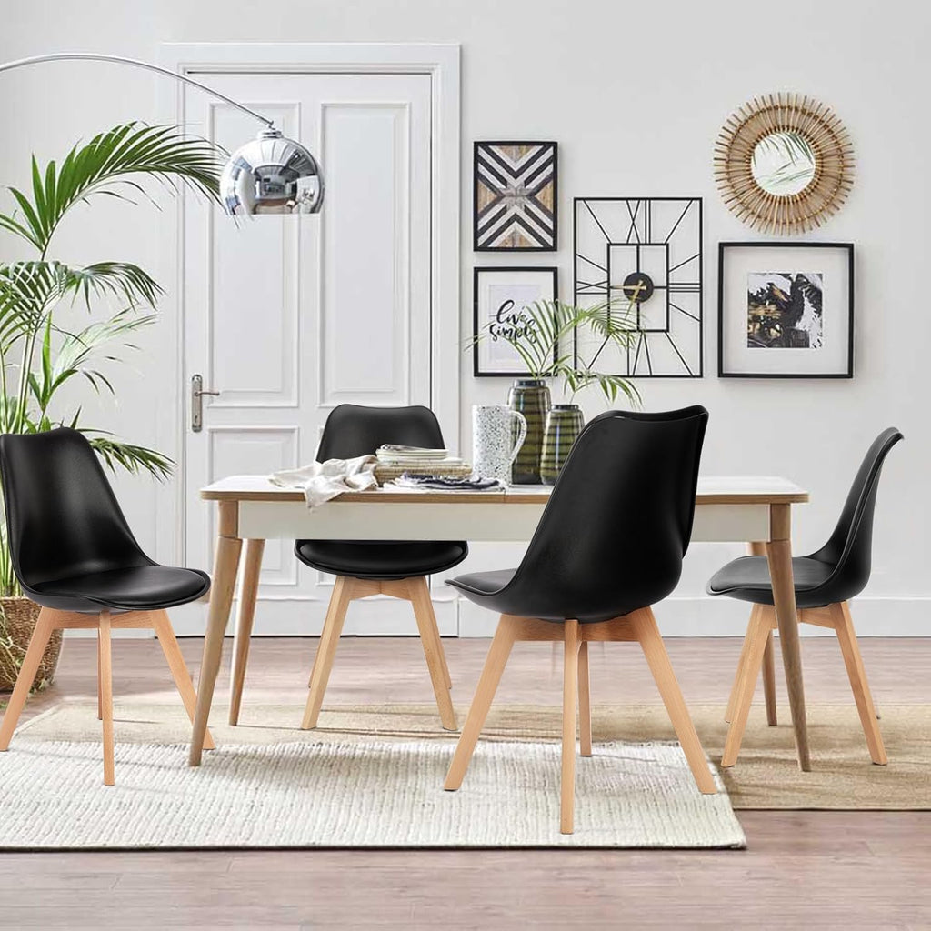 Modern Dining Chairs Set of 4, PU Leather Upholstered Kitchen Chairs with Wood Legs, Mid Century Accent Chairs for Living Room, Bedroom, Outdoor Lounge, Black