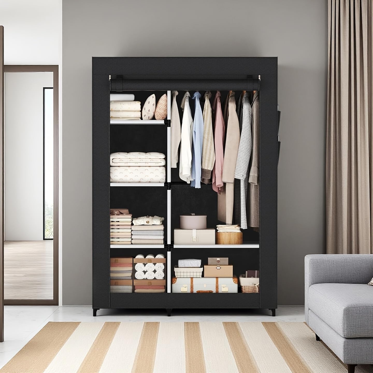 Portable Wardrobe Closet with Cover, Freestanding Portable Garment Rack, Portable Closet Wardrobe for Clothes Storage, Clothes Organizer for Bedroom, Dorm, Apartment (Black)
