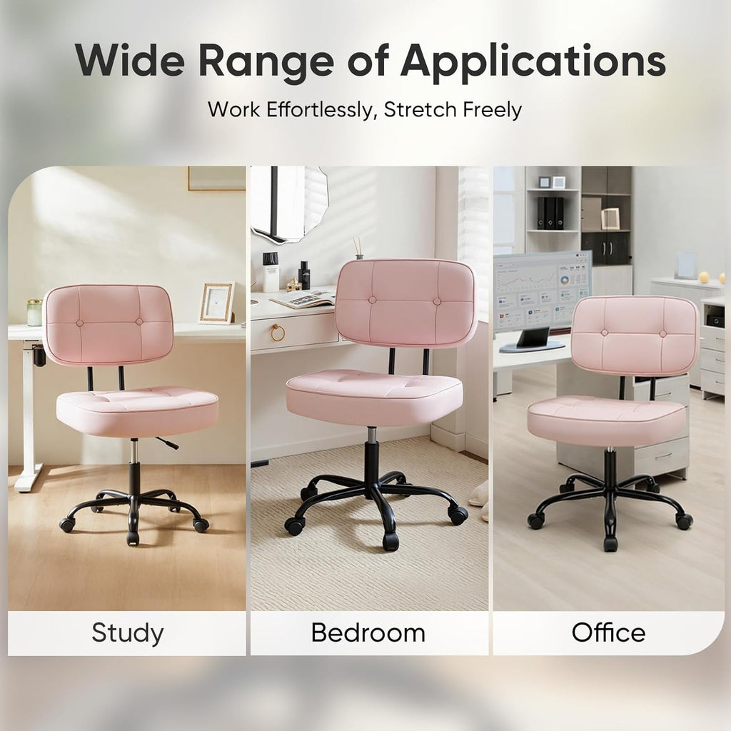 Home Office Desk Chair - Ergonomic Armless PU Leather Computer Rolling Task Chair??with Comfy Lumbar Support and Height Adjustable, Vanity, Bedroom, Pink