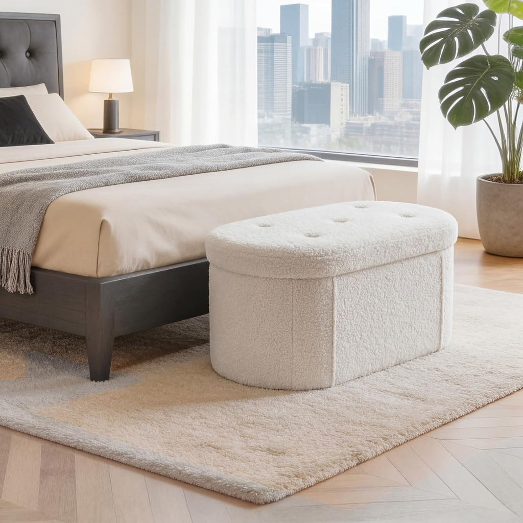 30 Inches Folding Storage Ottoman Bench, Oval Round Ottoman End of Bed Foot Rest Bench Stool with Cushion, Storage Chest for Bedroom, Living Room, Entryway, White