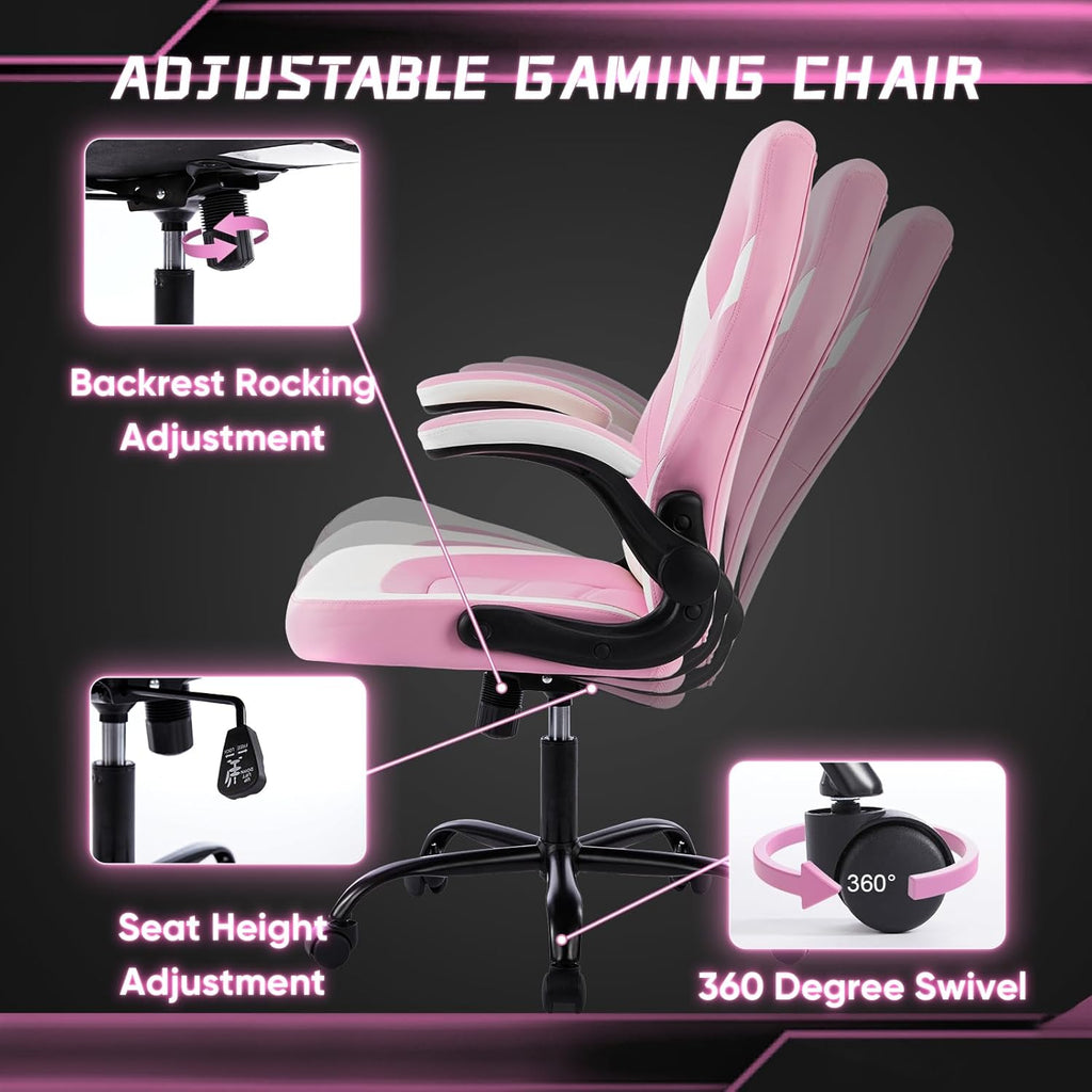 Ergonomic Computer Gaming Chair - Home Office Desk with PU Leather Lumbar Support, Height Adjustable Big and Tall Video Game with Flip-up Armrest, Swivel Wheels for Adults, White and Pink