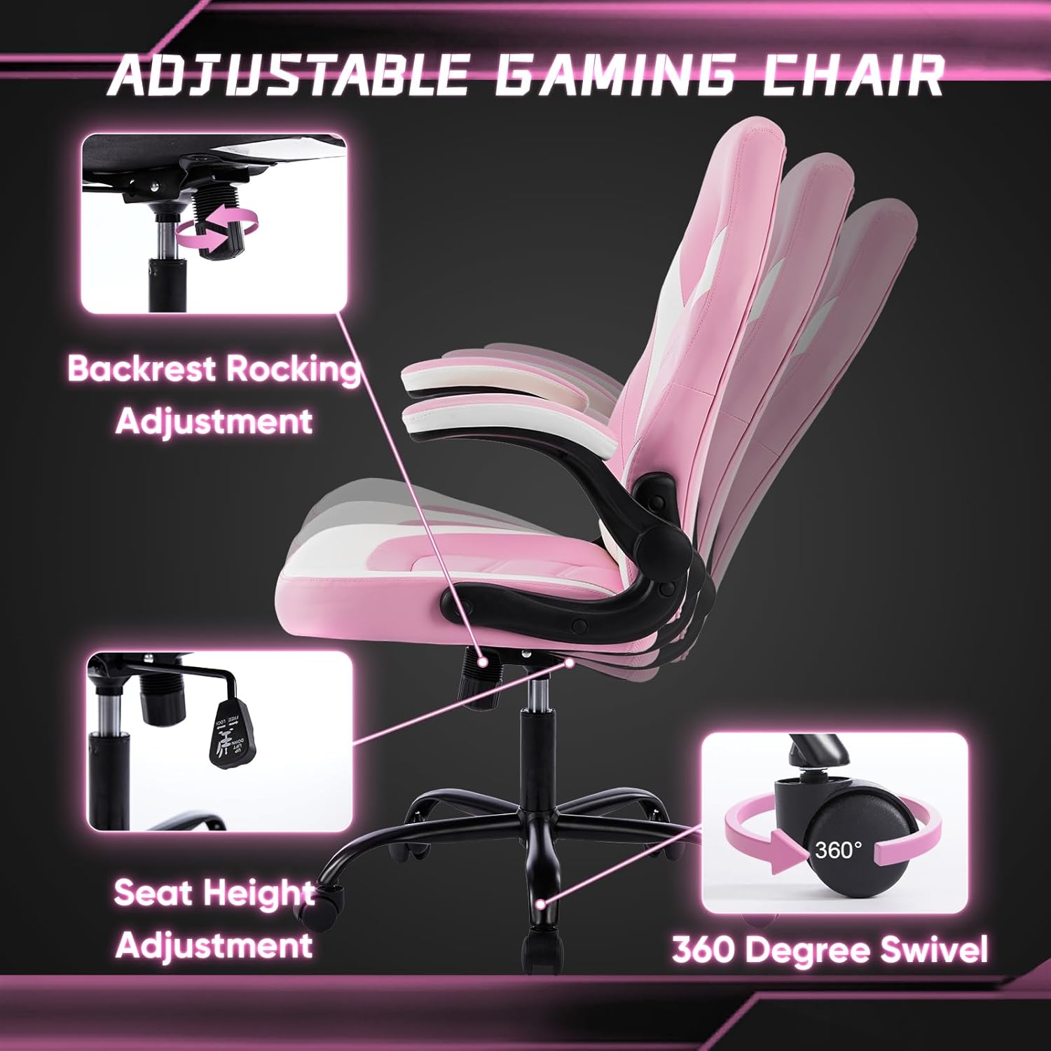 Ergonomic Computer Gaming Chair - Home Office Desk with PU Leather Lumbar Support, Height Adjustable Big and Tall Video Game with Flip-up Armrest, Swivel Wheels for Adults, White and Pink