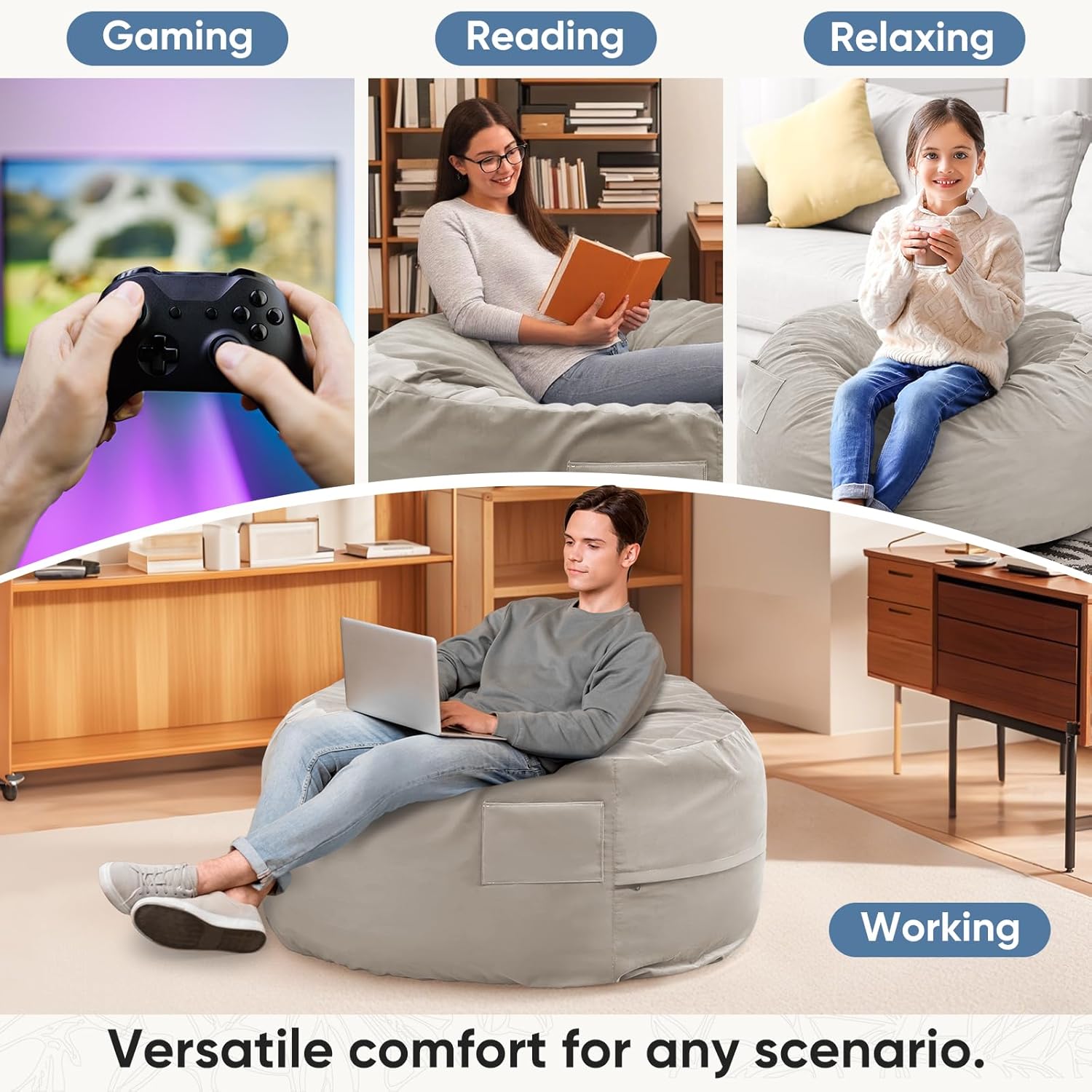 4FT Bean Bag Chair Beanbag for Adults and Kids Oversized Lazy Sofa Living Room Furniture with Removable Washable Cover Giant Comfy Gaming Chair Round Couch for Bedroom Dorm, Grey