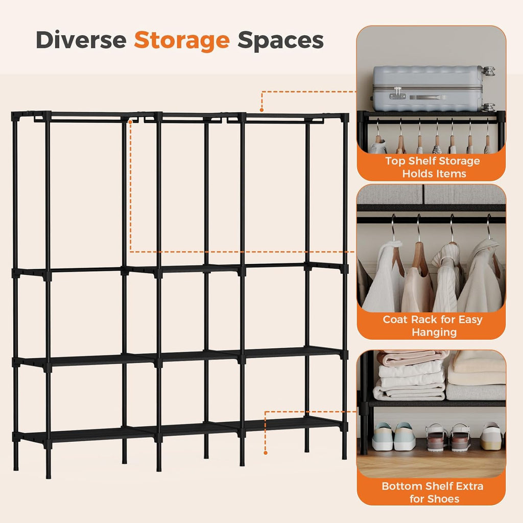 Portable Wardrobe Closet with Hanging Rods, 74.5 Inch Wide Portable Clothing Rack with Shelves, Heavy Duty Clothes Rack, Freestanding Closet Organizer