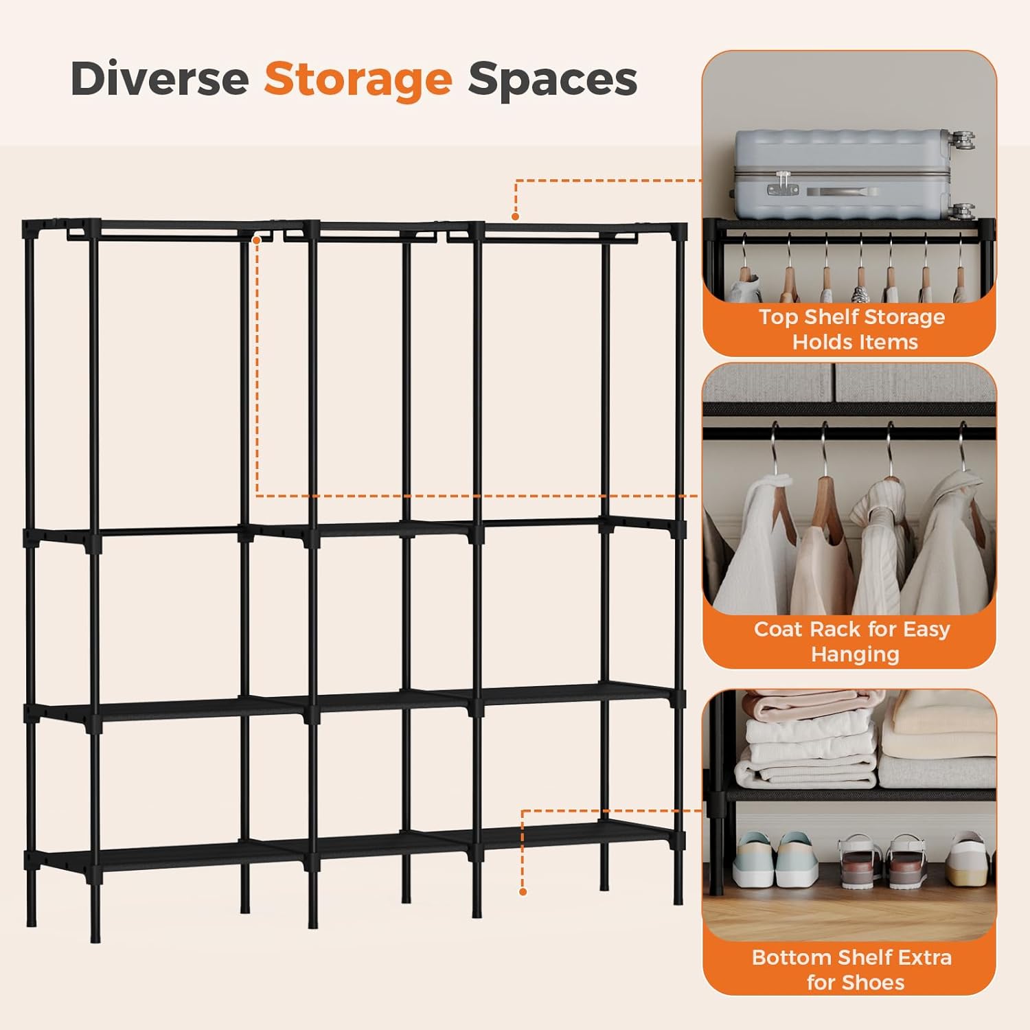 Portable Wardrobe Closet with Hanging Rods, 74.5 Inch Wide Portable Clothing Rack with Shelves, Heavy Duty Clothes Rack, Freestanding Closet Organizer