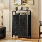 TV Stands for Living Room with 8 Drawers, Tall 8-Drawer Chest of Drawers with Raised Shelf, Storage Tower with Fabric Bins for Organization, Hallway Storage, Black