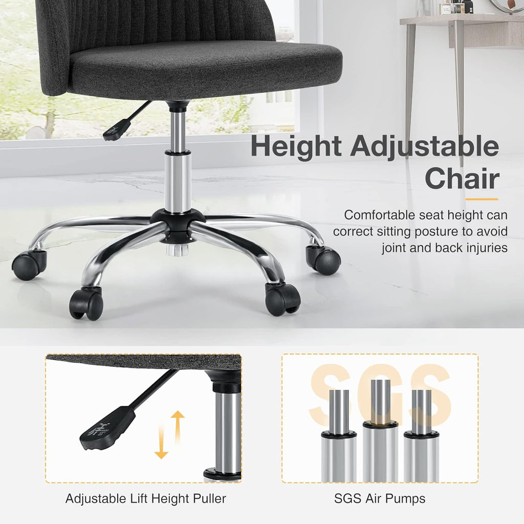 Armless Vanity Chair, Cute Comfy Home Office Desk Chair with Wheels, Modern Upholstered Task Computer Seat for Bedroom, Study, Makeup Vanity, Height Adjustable & Swivel, Drak Gray