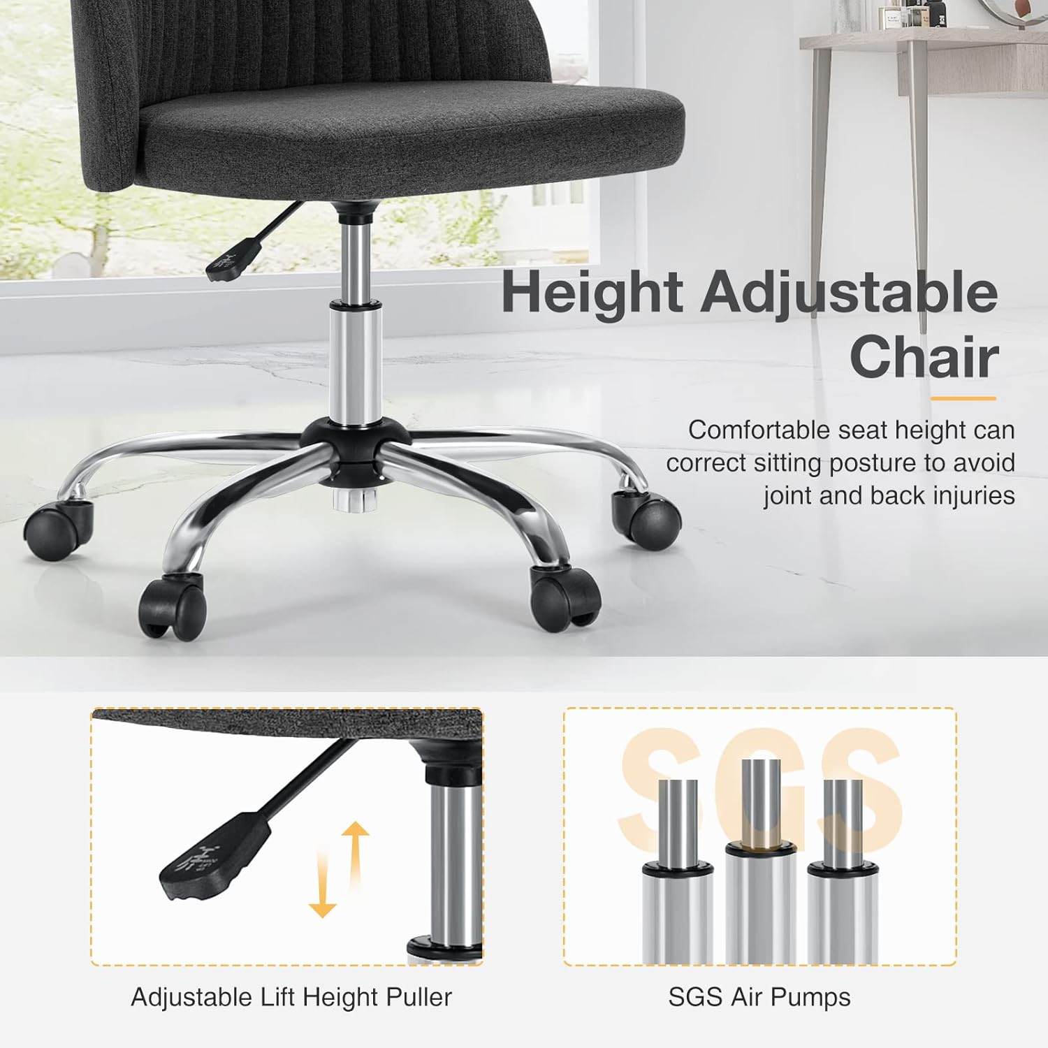 Armless Vanity Chair, Cute Comfy Home Office Desk Chair with Wheels, Modern Upholstered Task Computer Seat for Bedroom, Study, Makeup Vanity, Height Adjustable & Swivel, Drak Gray
