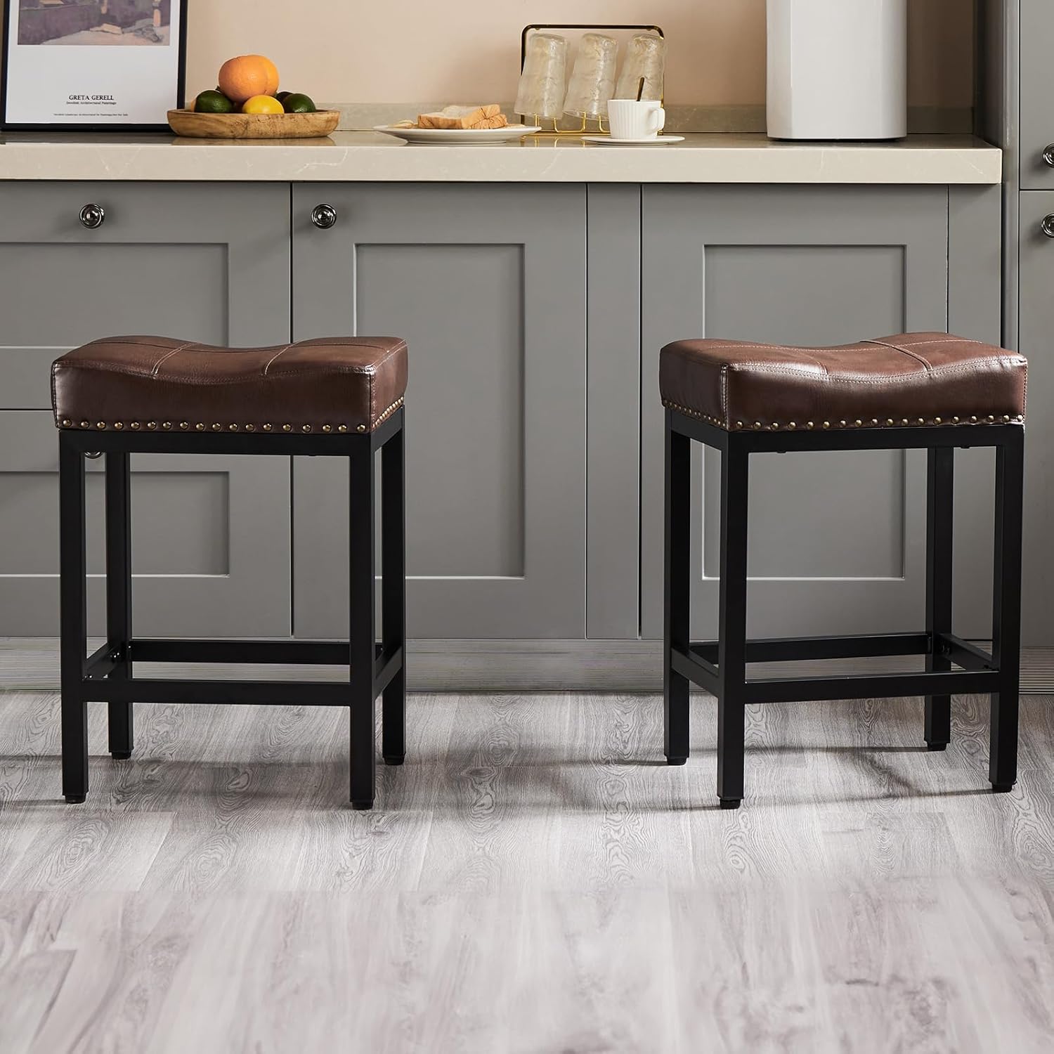 24 Inch Bar Stools Set of 2, Counter Height Stools, PU Leather Upholstered Bar Chairs with Footrest, Modern Bar Stools for Kitchen Island, Dining, Living Room, Modern Brown