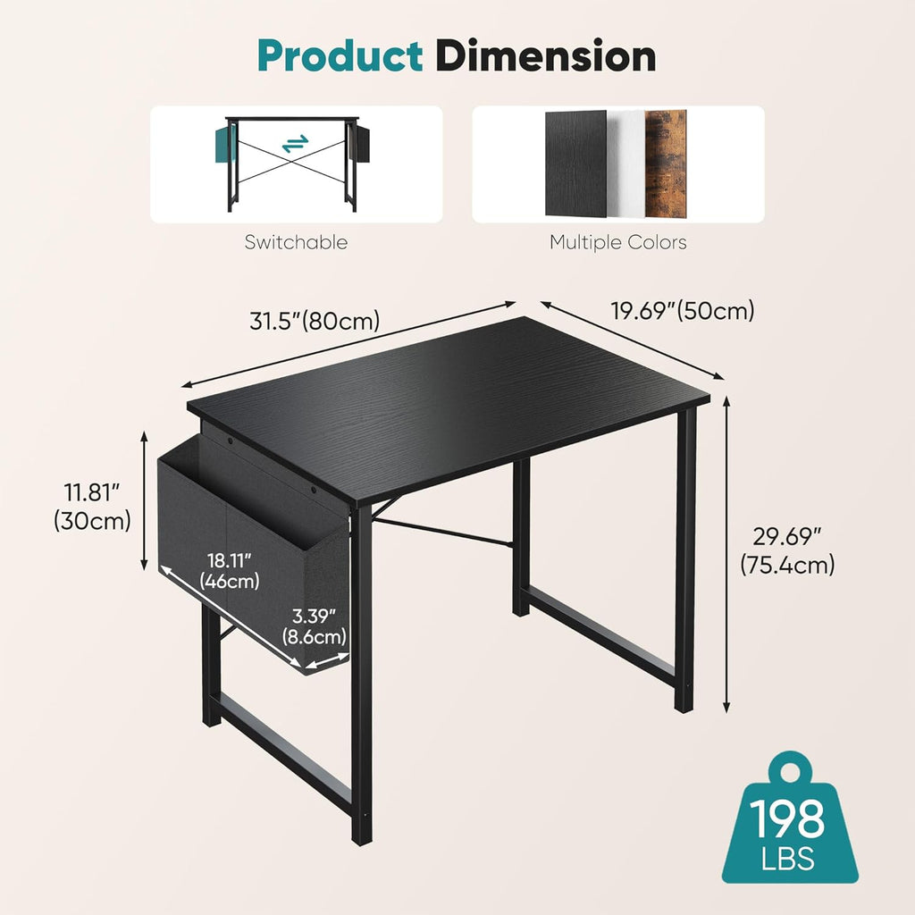 Computer Desk 31 Inch Home Office Desks for Small Spaces, Gaming Writing Study Work Table with Storage Bag and Headphone Hook for Bedroom, Black