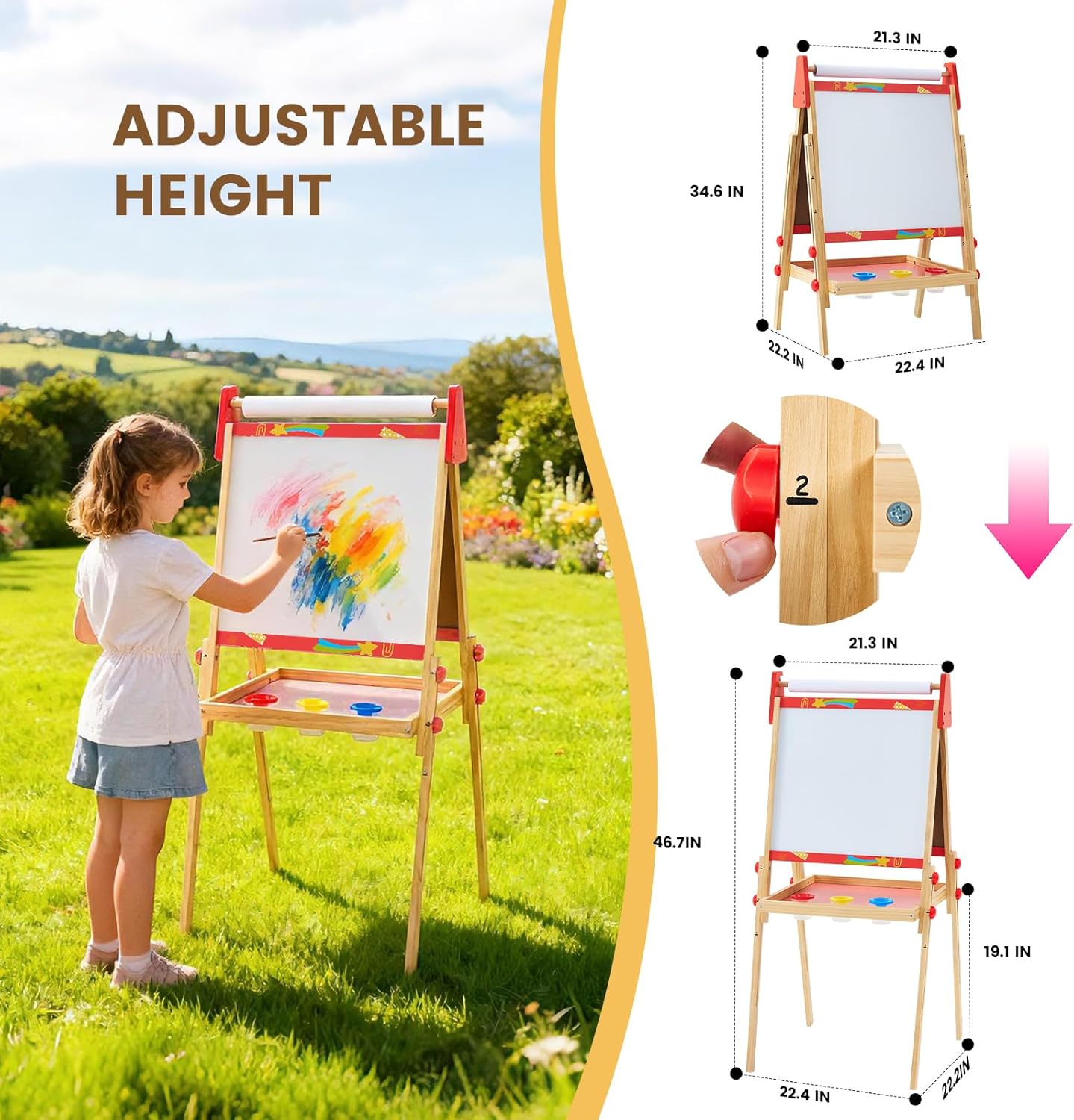 Kids Easel Set with Paper Roll, Adjustable Height Double-Sided Magnetic Chalkboard & Whiteboard Art Station for Ages 3+, Dry Erase Board, Gift for Girls and Boys, Red