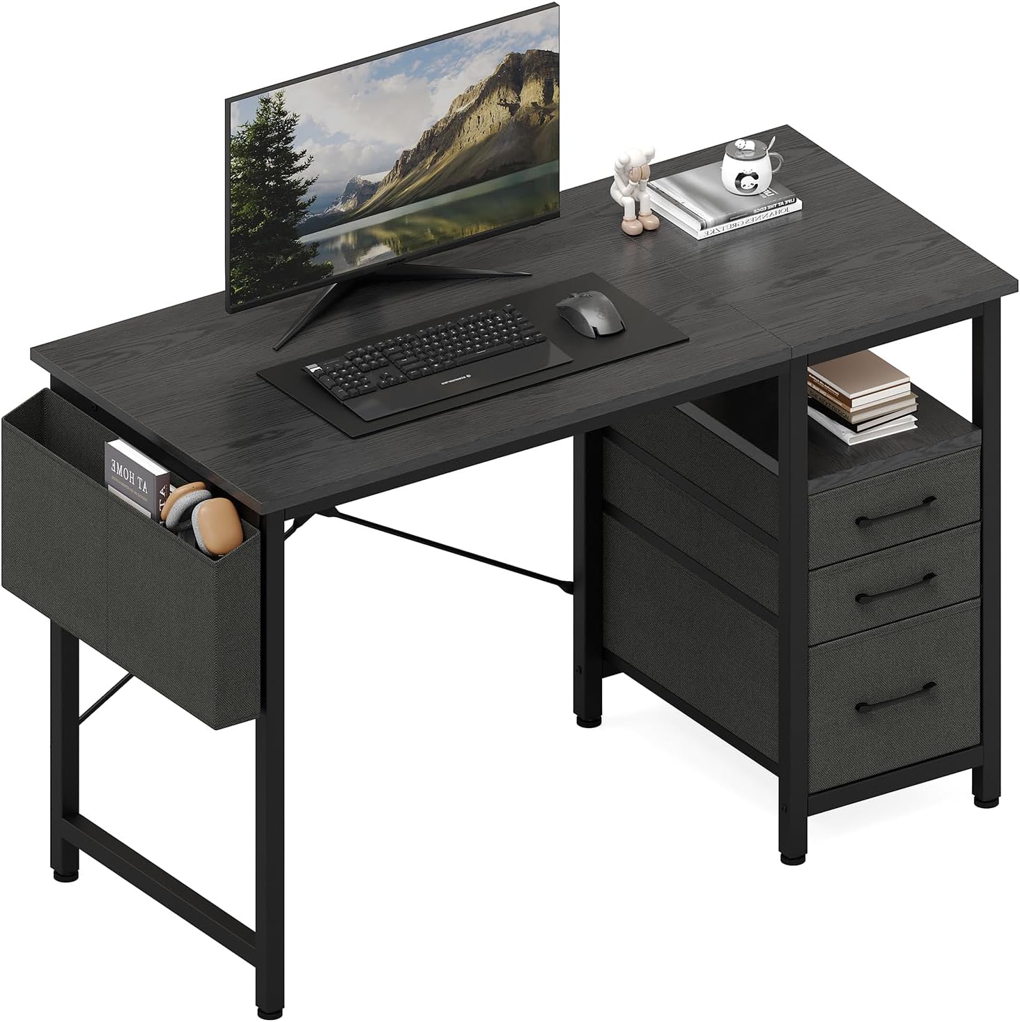 Computer Desk with Storage, Small Home Office Desk with 3 Fabric Drawers & Side Pocket, Space Saving Writing Desk for Apartment, Dorm, Gaming Workstation, 39 White
