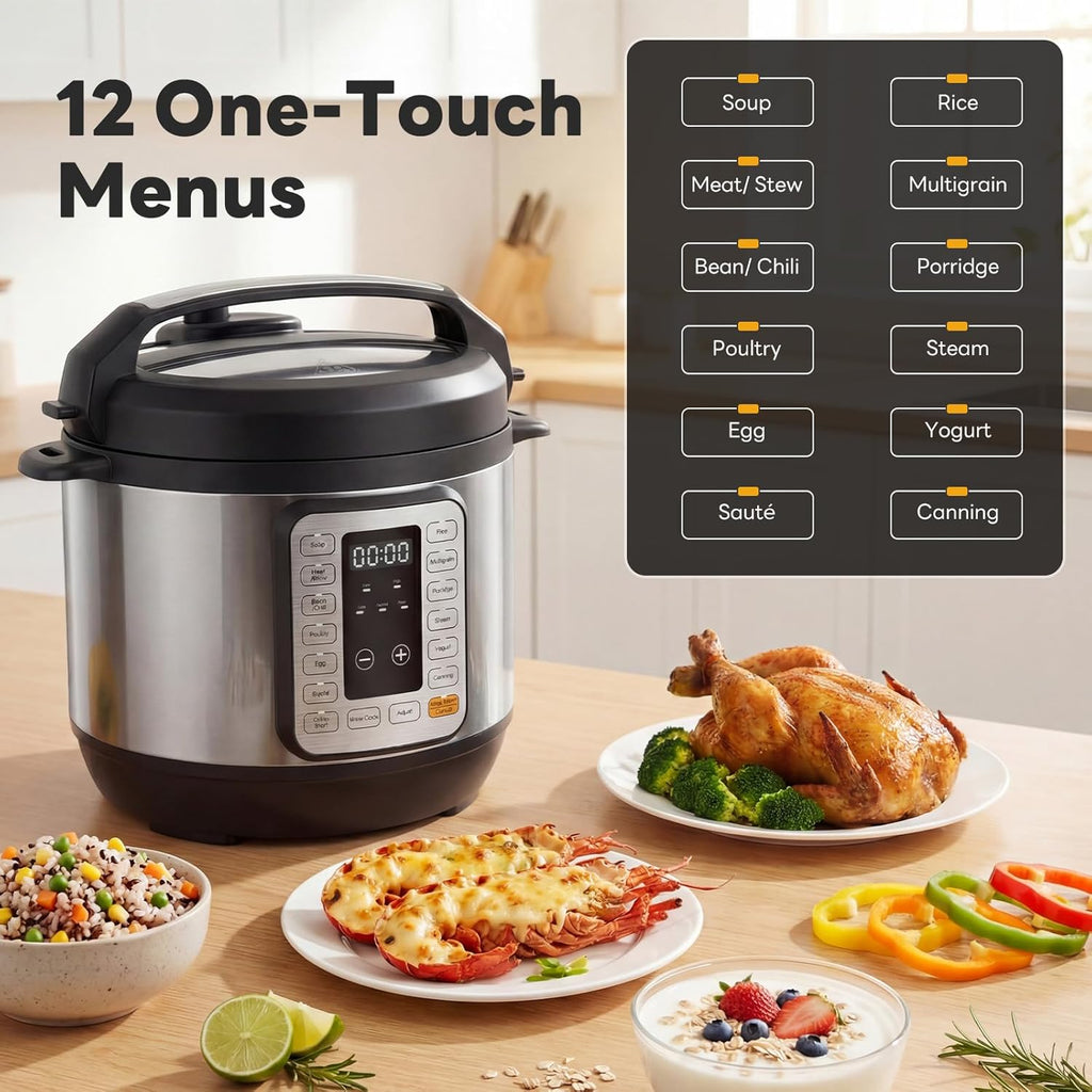 Electric Pressure Cooker 16-in-1, 8QT Programmable Multi Cooker with 12 One-Touch Presets, Soup Steam Yogurt and More, Ceramic Inner Pot Delay Start & Keep Warm, Includes Recipe Guide, Silver